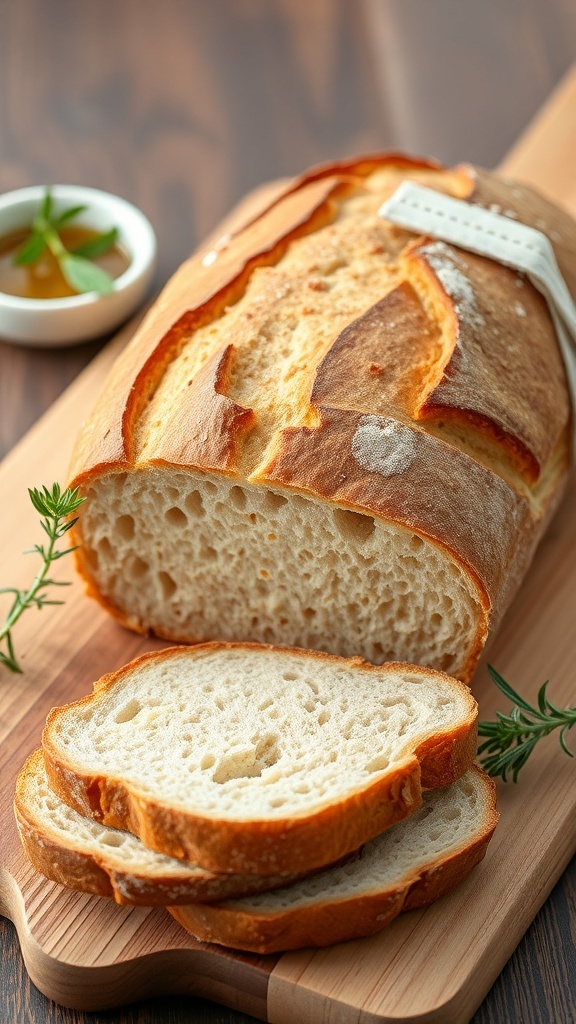 A rustic loaf of sourdough bread with a crispy crust and soft interior, displayed on a cutting board with herbs and olive oil.